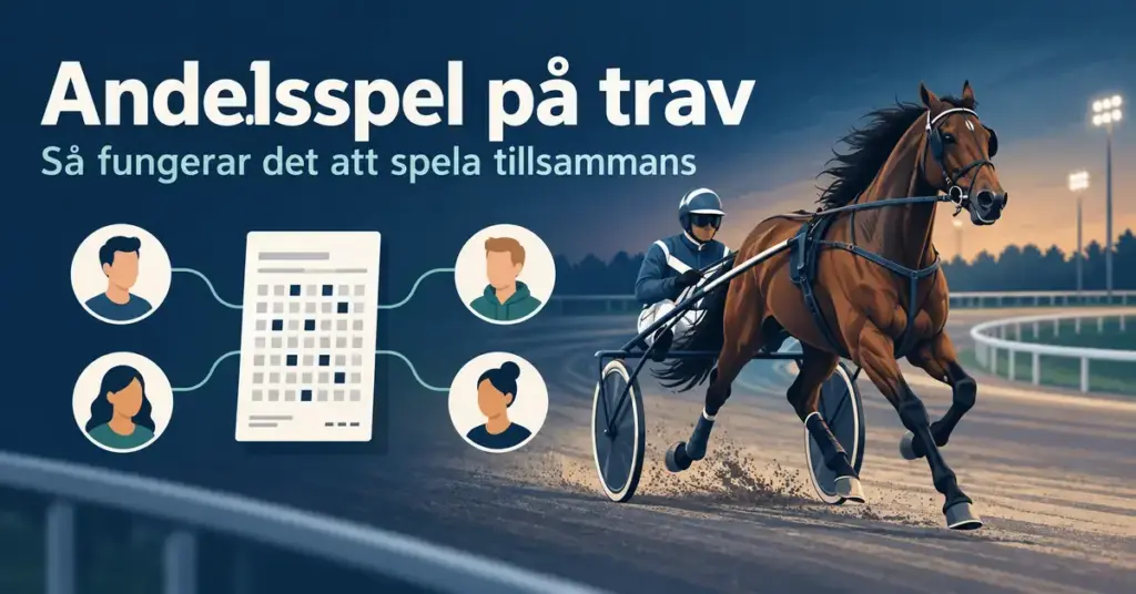 Illustration av en travhäst med sulky och fyra personer kopplade till en gemensam spelkupong, med texten ”Andelsspel på trav – Så fungerar det att spela tillsammans”.
