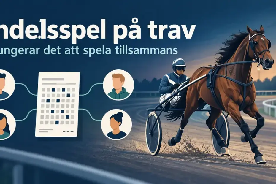Illustration av en travhäst med sulky och fyra personer kopplade till en gemensam spelkupong, med texten ”Andelsspel på trav – Så fungerar det att spela tillsammans”.