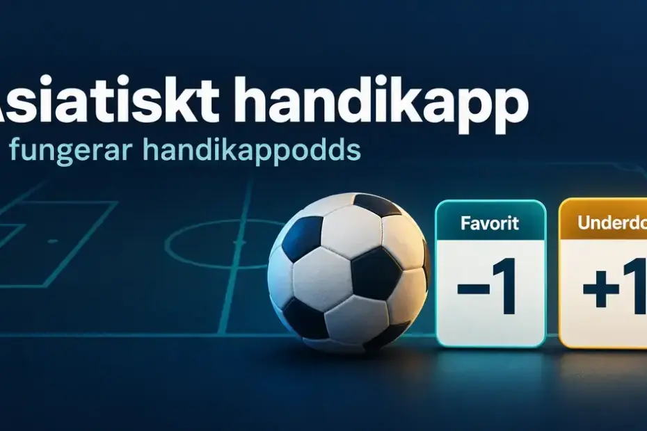 Illustration av asiatiskt handikapp med en fotboll och två kort som visar favoriten med −1 mål och underdogen med +1 mål.