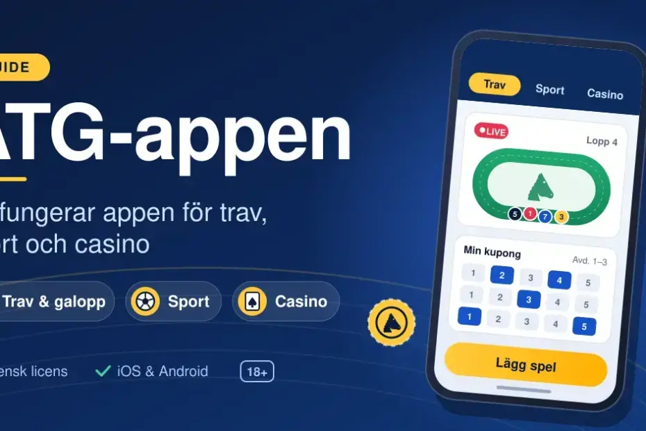 Grafisk illustration med rubriken ”ATG-appen” och kategorierna trav och galopp, sport och casino bredvid en mobiltelefon som visar ett travlopp i direktsändning, en spelkupong och knappen ”Lägg spel”.