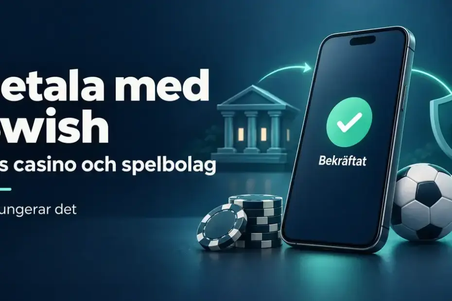 Illustration av en mobil med bekräftad betalning, en bank, en säkerhetssköld, spelmarker och en fotboll intill texten ”Betala med Swish hos casino och spelbolag – så fungerar det”.