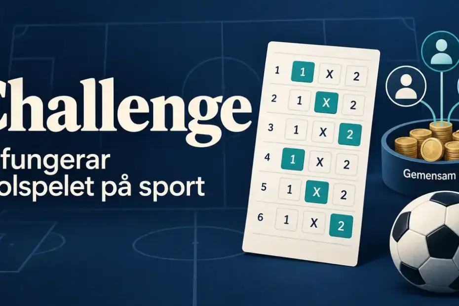 Illustration av Challenge med en kupong med sex rader och valen 1, X och 2, en fotboll och spelarsymboler kopplade till en gemensam pott.