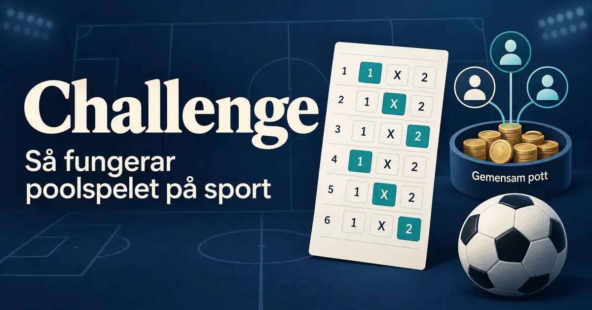 Illustration av Challenge med en kupong med sex rader och valen 1, X och 2, en fotboll och spelarsymboler kopplade till en gemensam pott.