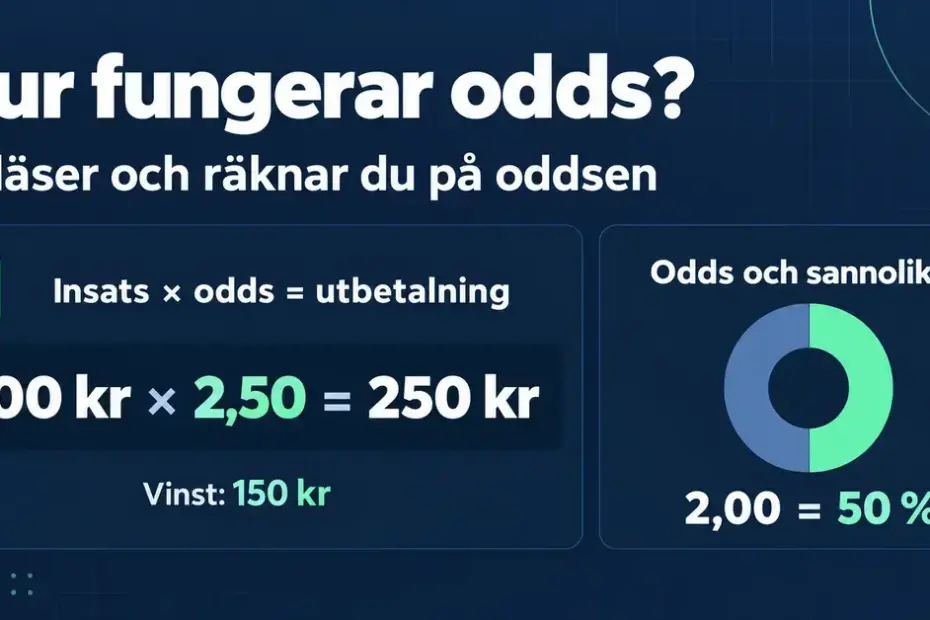 Grafik som visar att 100 kr i insats till odds 2,50 ger 250 kr i utbetalning och 150 kr i vinst, samt att odds 2,00 motsvarar 50 procents implicit sannolikhet.