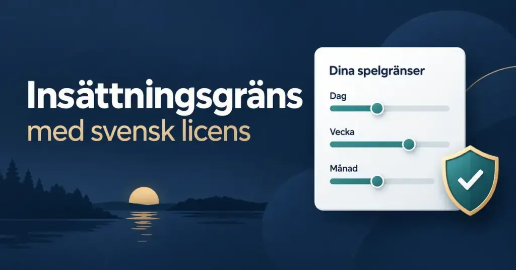 Grafik om insättningsgränser med svensk licens, med reglage för dag, vecka och månad samt en sköld med en bock som symboliserar spelarskydd.