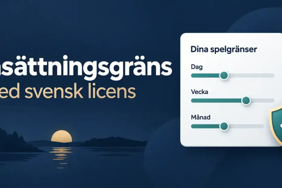 Grafik om insättningsgränser med svensk licens, med reglage för dag, vecka och månad samt en sköld med en bock som symboliserar spelarskydd.