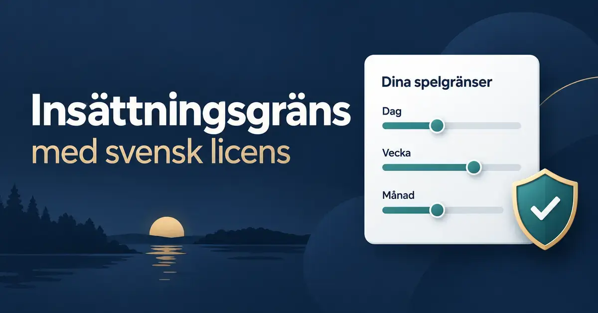Grafik om insättningsgränser med svensk licens, med reglage för dag, vecka och månad samt en sköld med en bock som symboliserar spelarskydd.