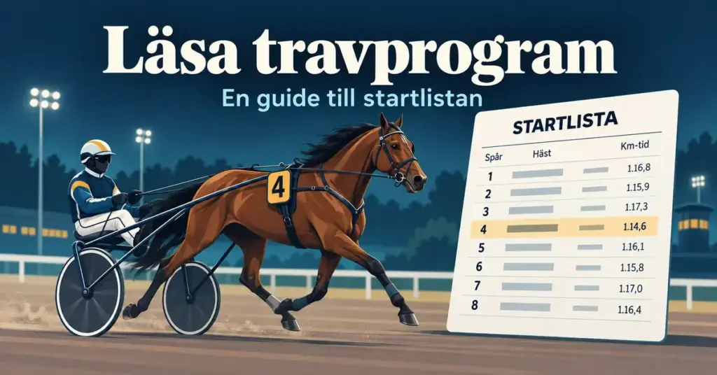 Illustration av en travhäst med kusk och sulky bredvid en startlista med kolumner för spår, häst och km-tid.