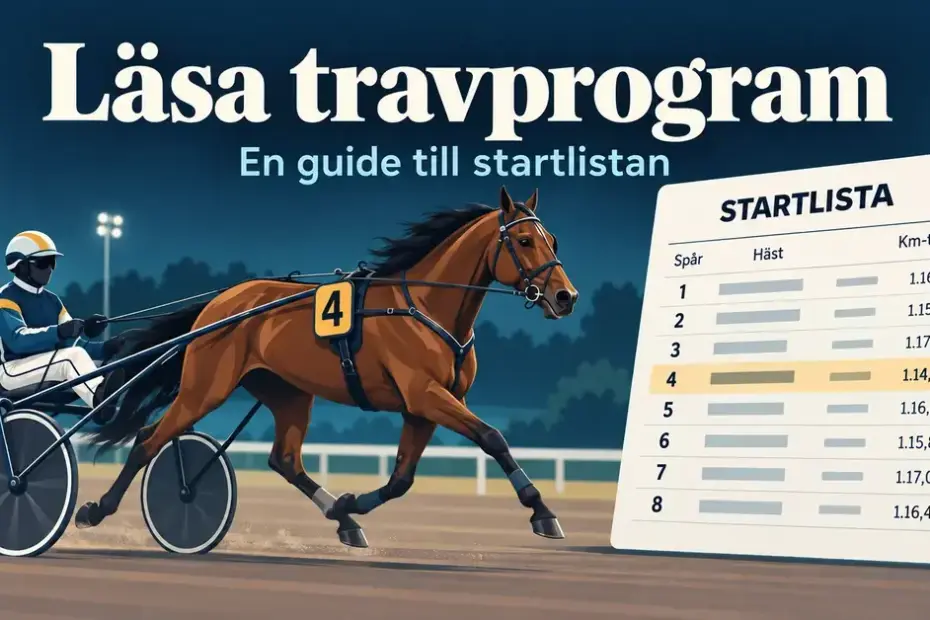Illustration av en travhäst med kusk och sulky bredvid en startlista med kolumner för spår, häst och km-tid.