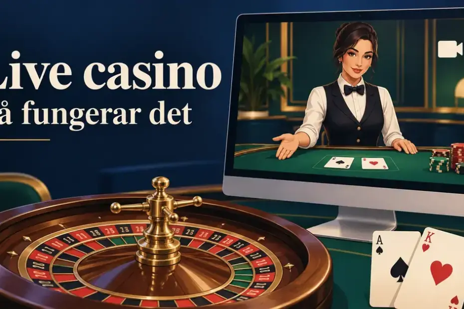 Illustration av livecasino med en dealer på en datorskärm samt ett rouletthjul, spelkort och spelmarker i förgrunden.