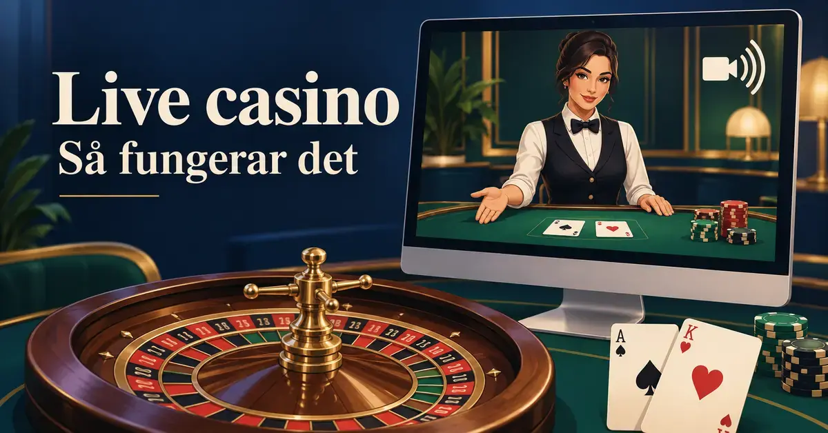 Illustration av livecasino med en dealer på en datorskärm samt ett rouletthjul, spelkort och spelmarker i förgrunden.
