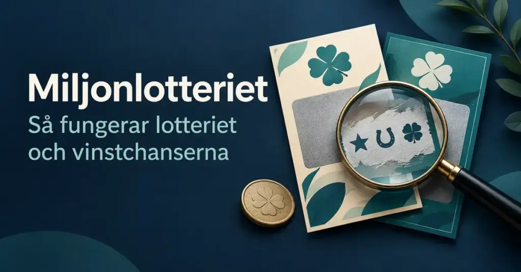 Illustration av skraplotter, ett mynt och ett förstoringsglas intill texten ”Miljonlotteriet – Så fungerar lotteriet och vinstchanserna”.