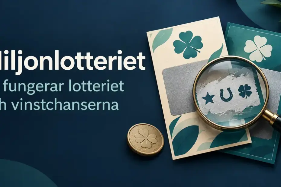 Illustration av skraplotter, ett mynt och ett förstoringsglas intill texten ”Miljonlotteriet – Så fungerar lotteriet och vinstchanserna”.