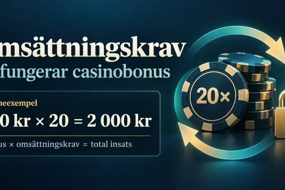 Illustration av omsättningskrav med casinomarker, cirkulära pilar och ett hänglås samt räkneexemplet 100 kronor i bonus gånger 20 ger 2 000 kronor i total insats.