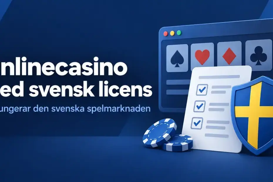 Illustration av onlinecasino med svensk licens med spelkortssymboler, spelmarker, en checklista och en blågul sköld som symboliserar konsumentskydd.