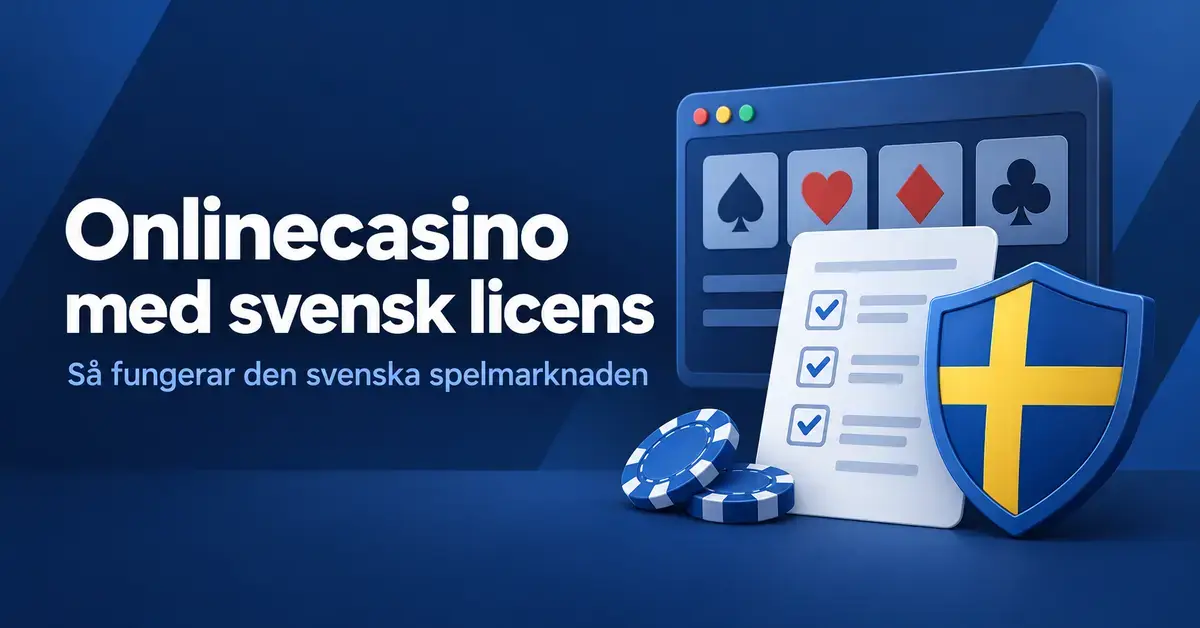 Illustration av onlinecasino med svensk licens med spelkortssymboler, spelmarker, en checklista och en blågul sköld som symboliserar konsumentskydd.