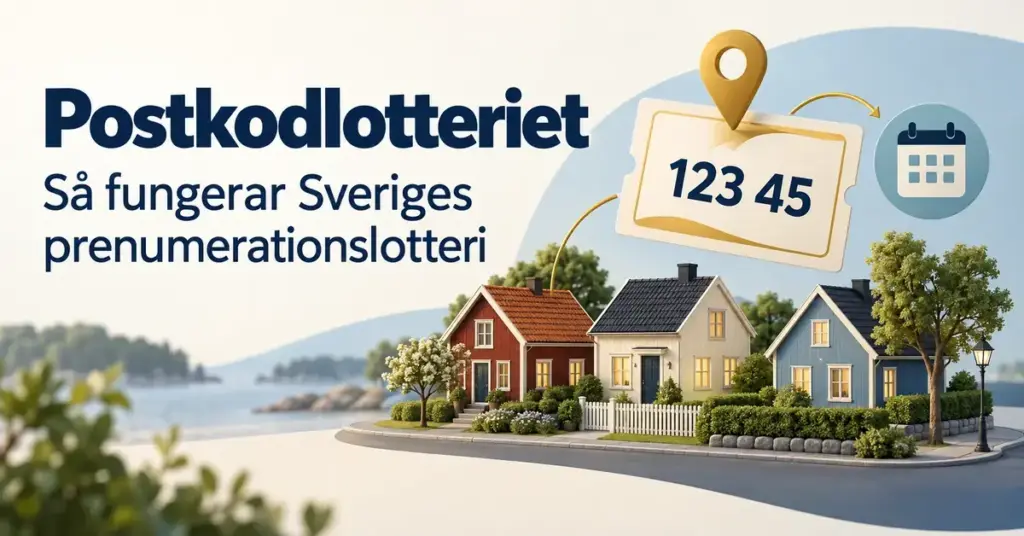 Illustration av tre svenska hus, en lott med postnumret 123 45 och en kalender under rubriken ”Postkodlotteriet – så fungerar Sveriges prenumerationslotteri”.