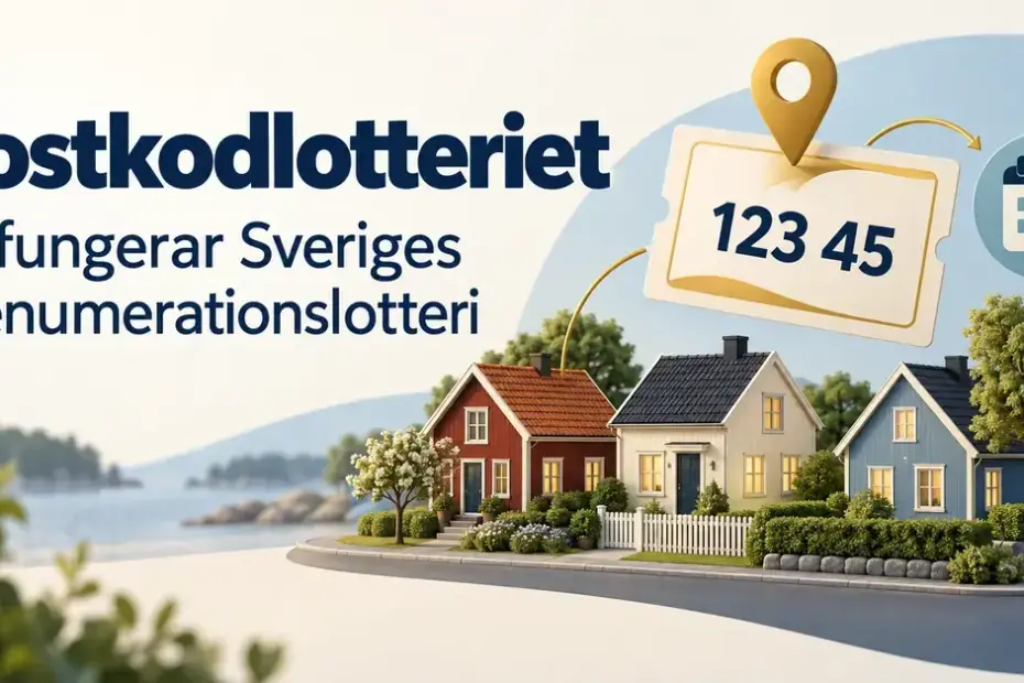 Illustration av tre svenska hus, en lott med postnumret 123 45 och en kalender under rubriken ”Postkodlotteriet – så fungerar Sveriges prenumerationslotteri”.