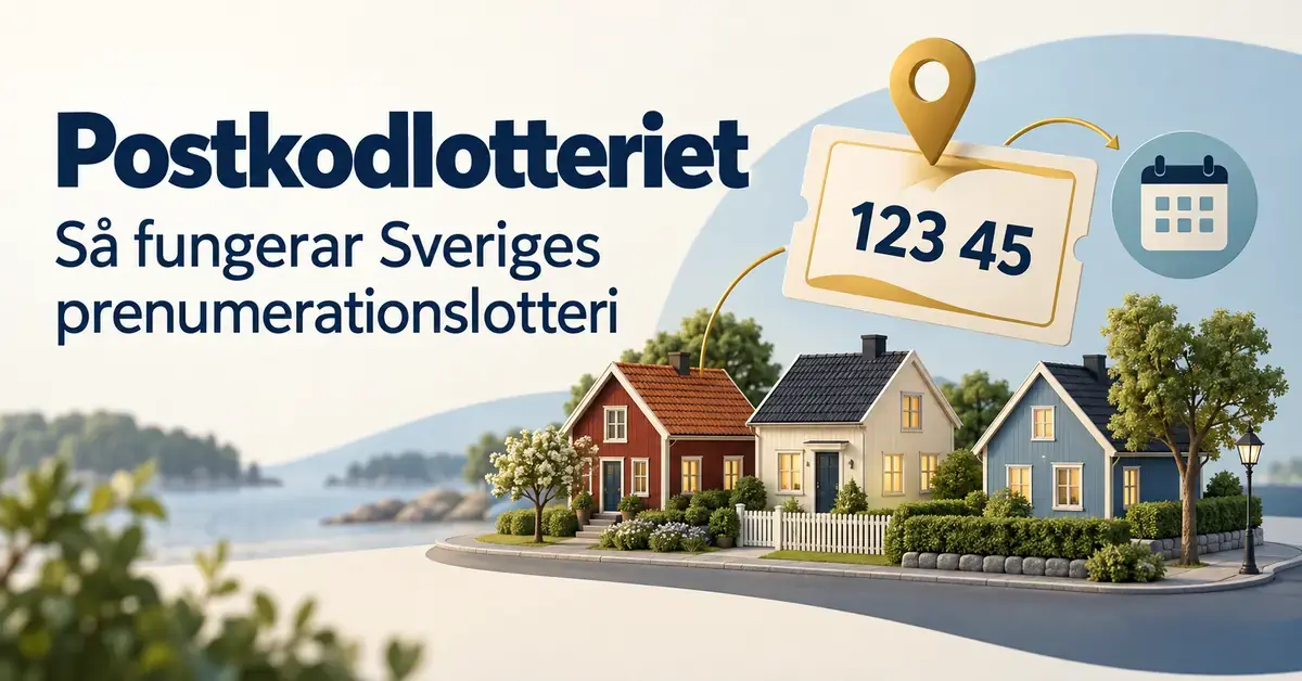 Illustration av tre svenska hus, en lott med postnumret 123 45 och en kalender under rubriken ”Postkodlotteriet – så fungerar Sveriges prenumerationslotteri”.
