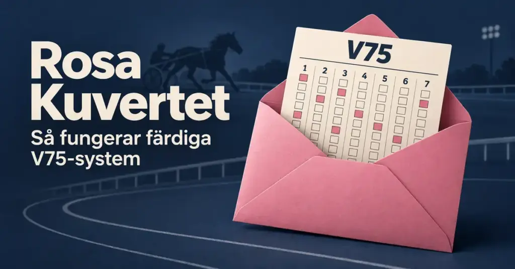 Ett rosa kuvert med en förifylld V75-kupong framför en travbana och texten ”Rosa Kuvertet – Så fungerar färdiga V75-system”.