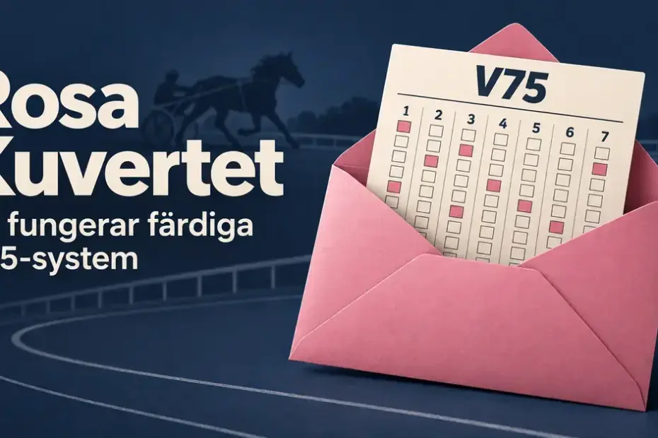 Ett rosa kuvert med en förifylld V75-kupong framför en travbana och texten ”Rosa Kuvertet – Så fungerar färdiga V75-system”.