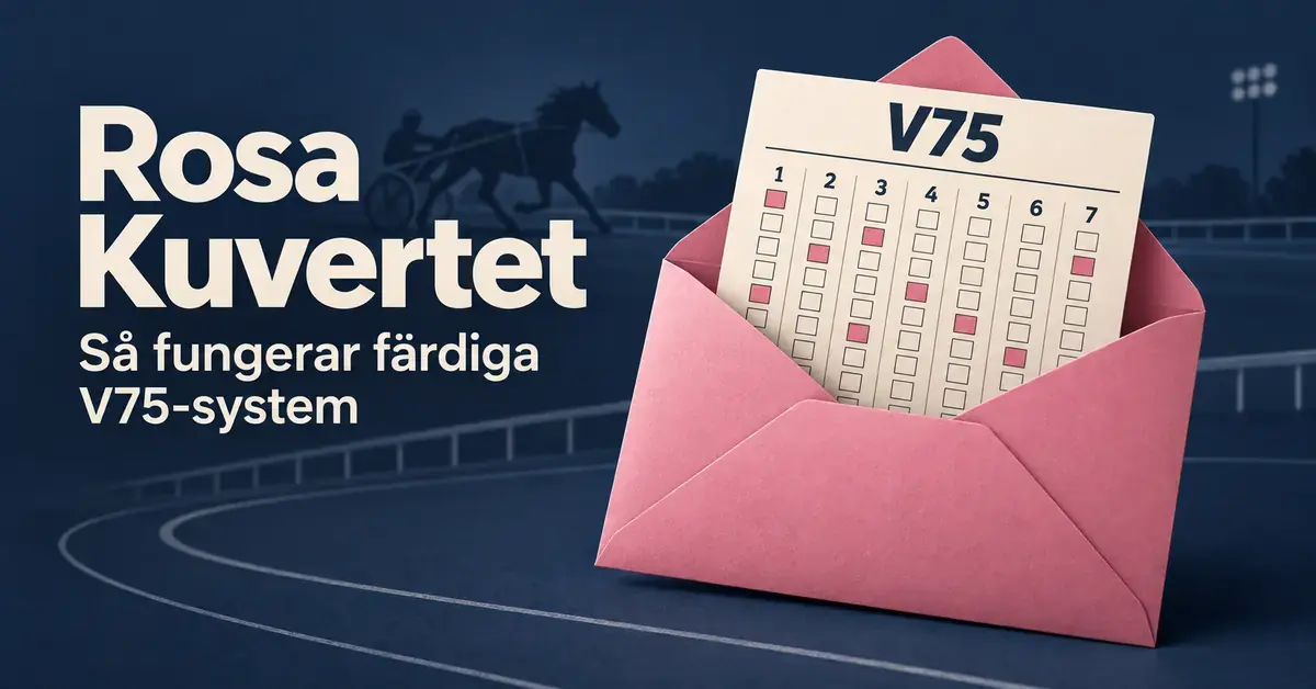 Ett rosa kuvert med en förifylld V75-kupong framför en travbana och texten ”Rosa Kuvertet – Så fungerar färdiga V75-system”.