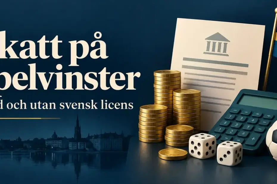 Illustration av myntstaplar, en miniräknare, ett skattedokument, tärningar, en fotboll och svenska flaggan intill texten ”Skatt på spelvinster – Med och utan svensk licens”.