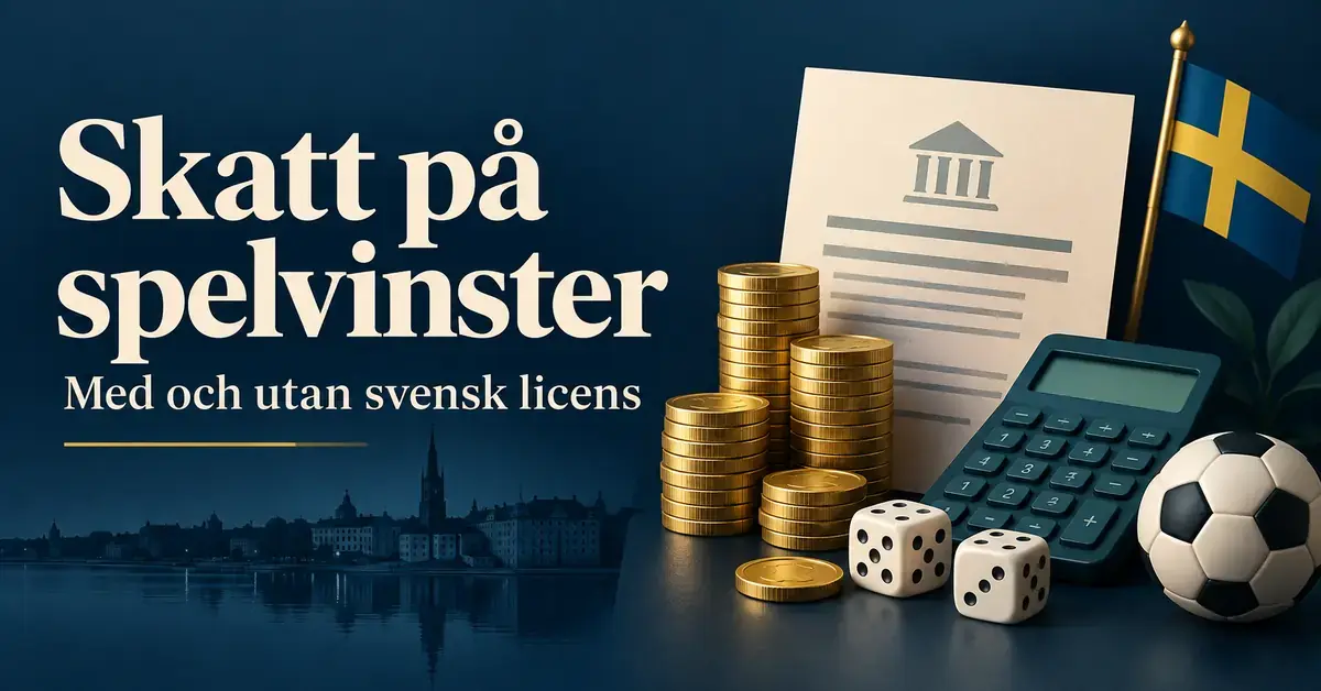Illustration av myntstaplar, en miniräknare, ett skattedokument, tärningar, en fotboll och svenska flaggan intill texten ”Skatt på spelvinster – Med och utan svensk licens”.