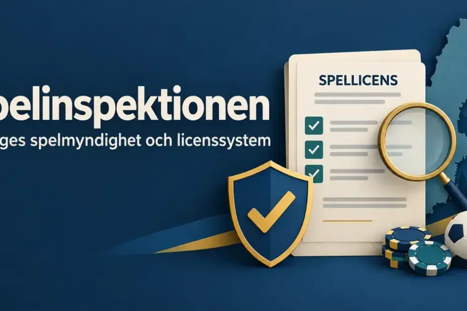 Illustration av svensk spellicens med en checklista, ett förstoringsglas och en sköld framför en Sverigekarta samt spelmarker och en fotboll.