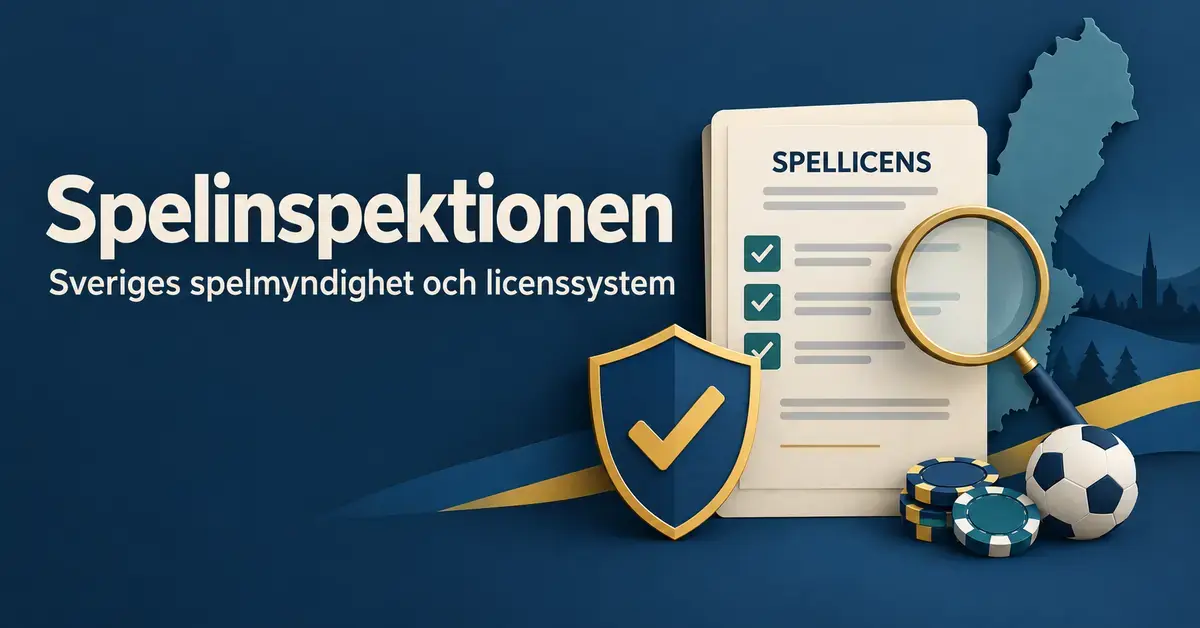 Illustration av svensk spellicens med en checklista, ett förstoringsglas och en sköld framför en Sverigekarta samt spelmarker och en fotboll.
