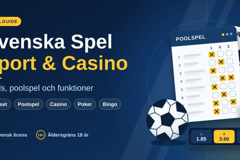 Illustration för Svenska Spel Sport & Casino med en poolspelskupong, en fotboll, oddsrutor för 1, X och 2, spelmarker och ett spelkort mot en mörkblå bakgrund.