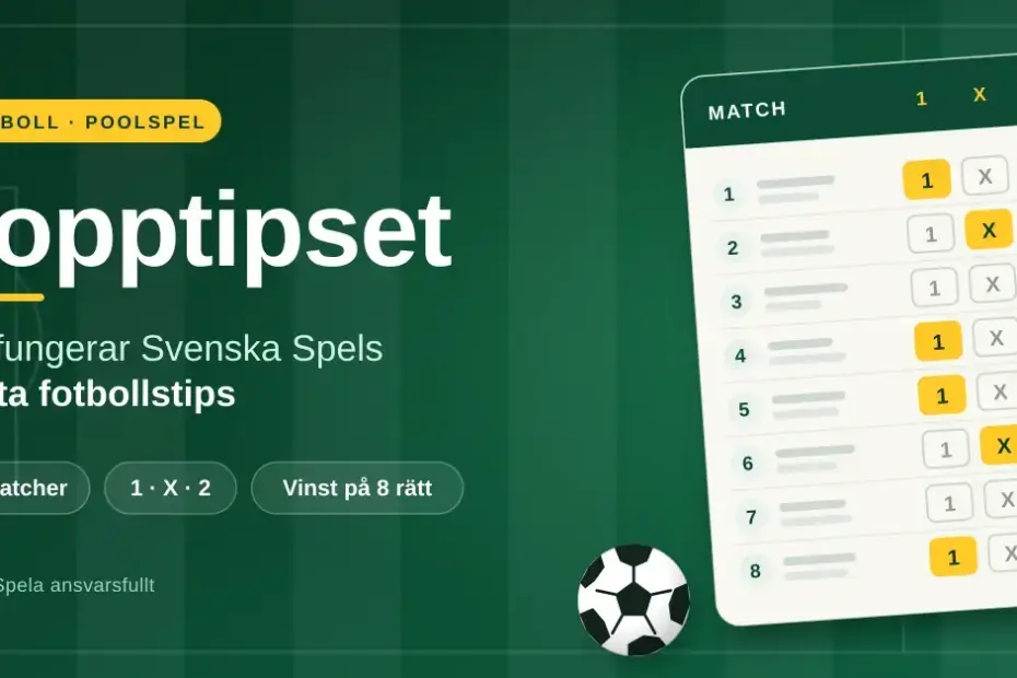 Grön grafik med rubriken Topptipset och texten ”Så fungerar Svenska Spels korta fotbollstips” bredvid en tipskupong med åtta matcher markerade med 1, X eller 2 och en fotboll.