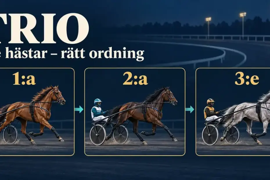 Illustration av tre travhästar med sulky märkta 1:a, 2:a och 3:e som visar att Trio kräver de tre första hästarna i rätt ordning.
