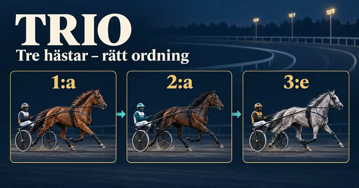 Illustration av tre travhästar med sulky märkta 1:a, 2:a och 3:e som visar att Trio kräver de tre första hästarna i rätt ordning.