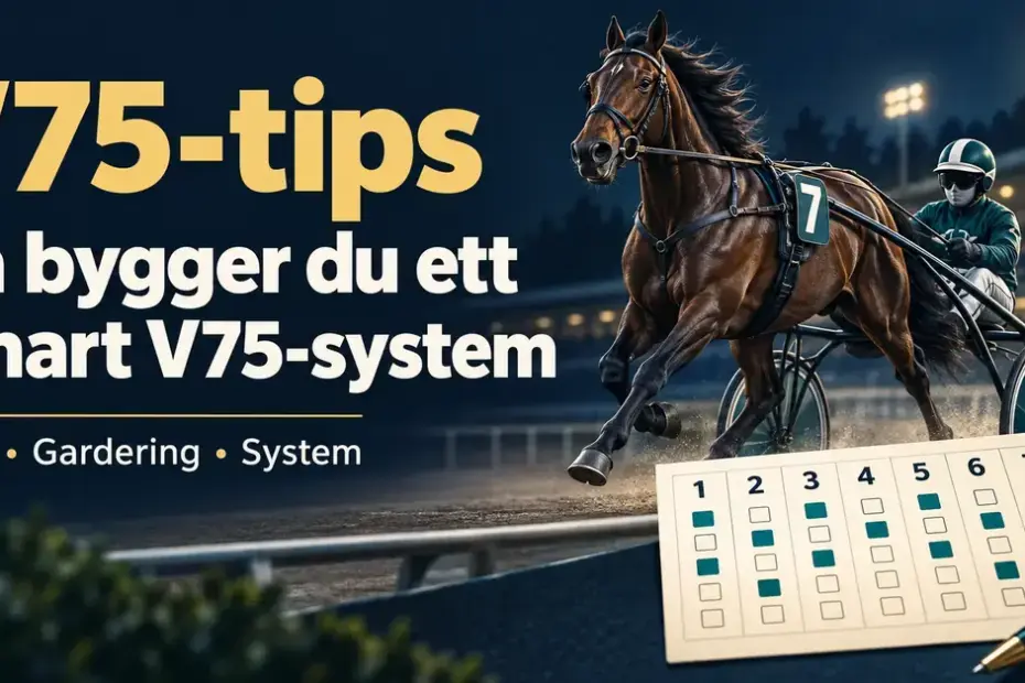 Illustration av en travhäst med sulky och en V75-kupong med sju avdelningar intill texten ”V75-tips – Så bygger du ett smart V75-system”.
