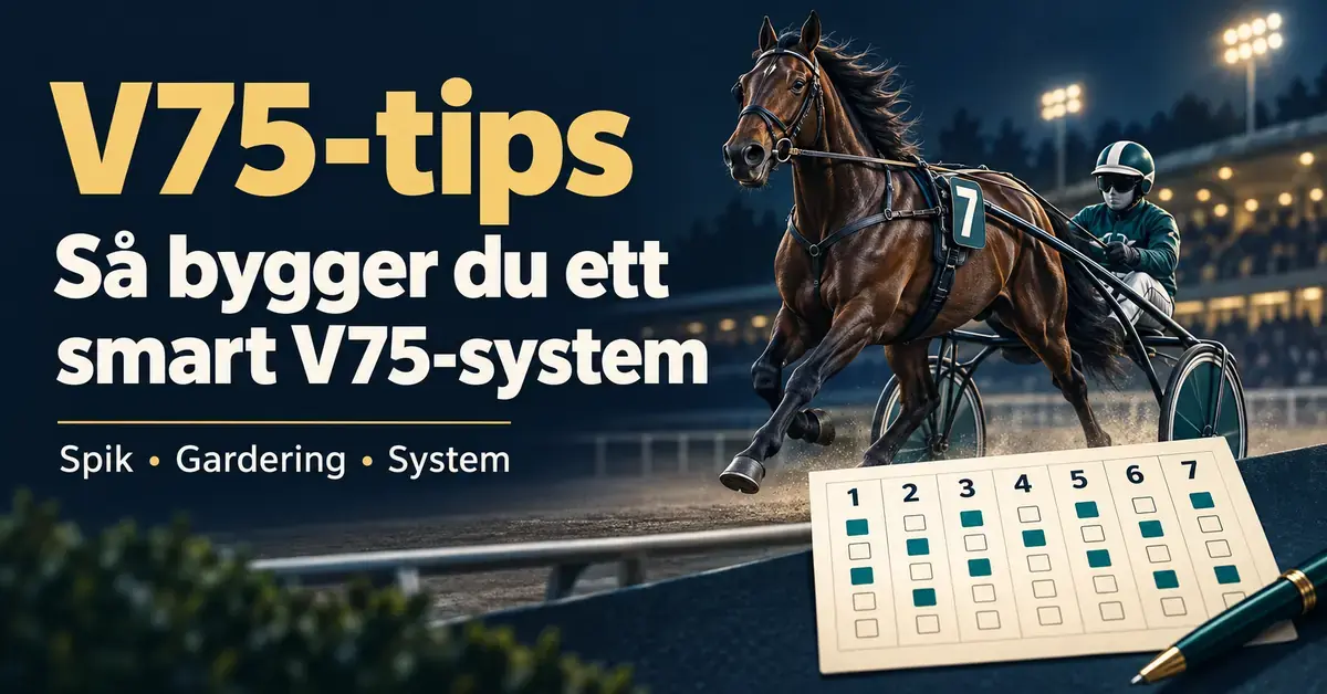 Illustration av en travhäst med sulky och en V75-kupong med sju avdelningar intill texten ”V75-tips – Så bygger du ett smart V75-system”.