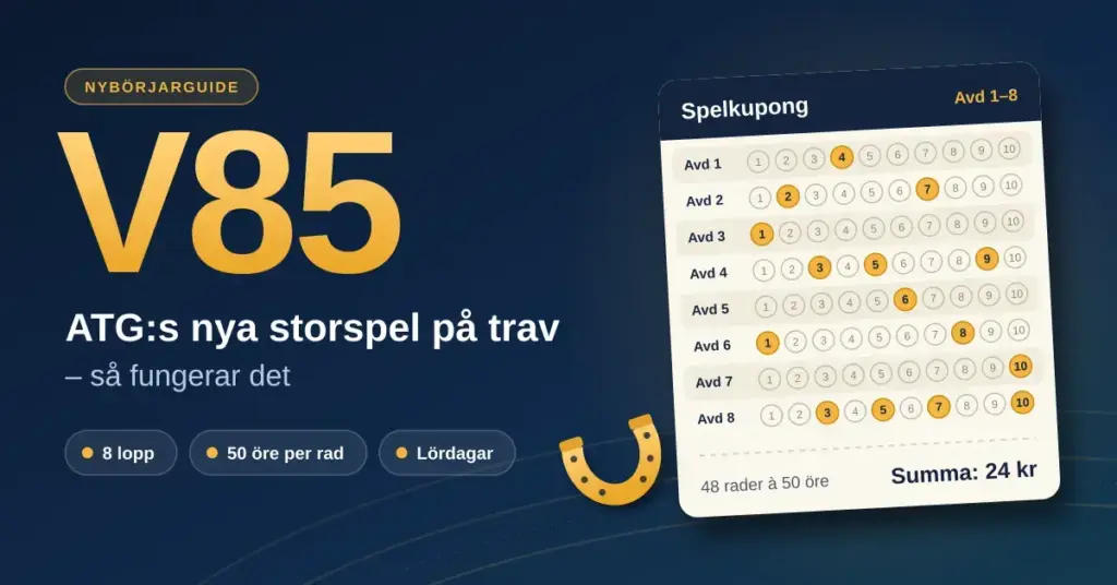 Grafik med texten ”V85 – ATG:s nya storspel på trav, så fungerar det” bredvid en illustrerad spelkupong med åtta avdelningar, ifyllda hästnummer, summan 24 kr och en guldfärgad hästsko mot en mörkblå bakgrund med travbanelinjer.