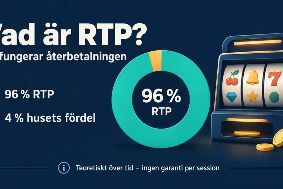 Illustration av en spelautomat och ett cirkeldiagram som visar 96 procent RTP och 4 procent husets fördel, med en påminnelse om att återbetalningen är teoretisk över tid och inte garanterad per session.